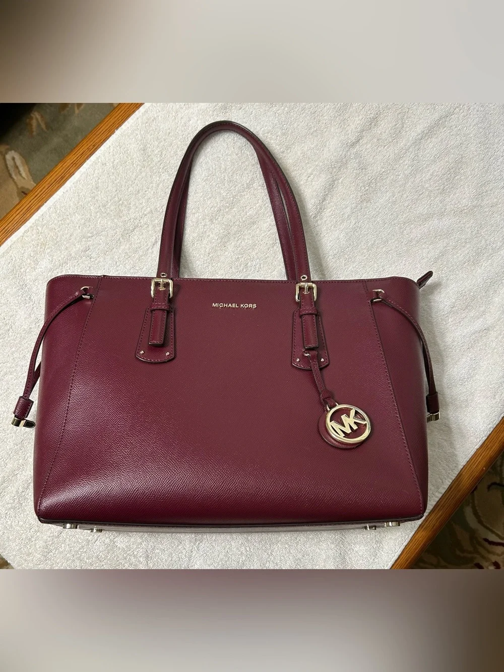 Michael Kors Voyager Wine Leather Saffiano Tote with Gold Hardware